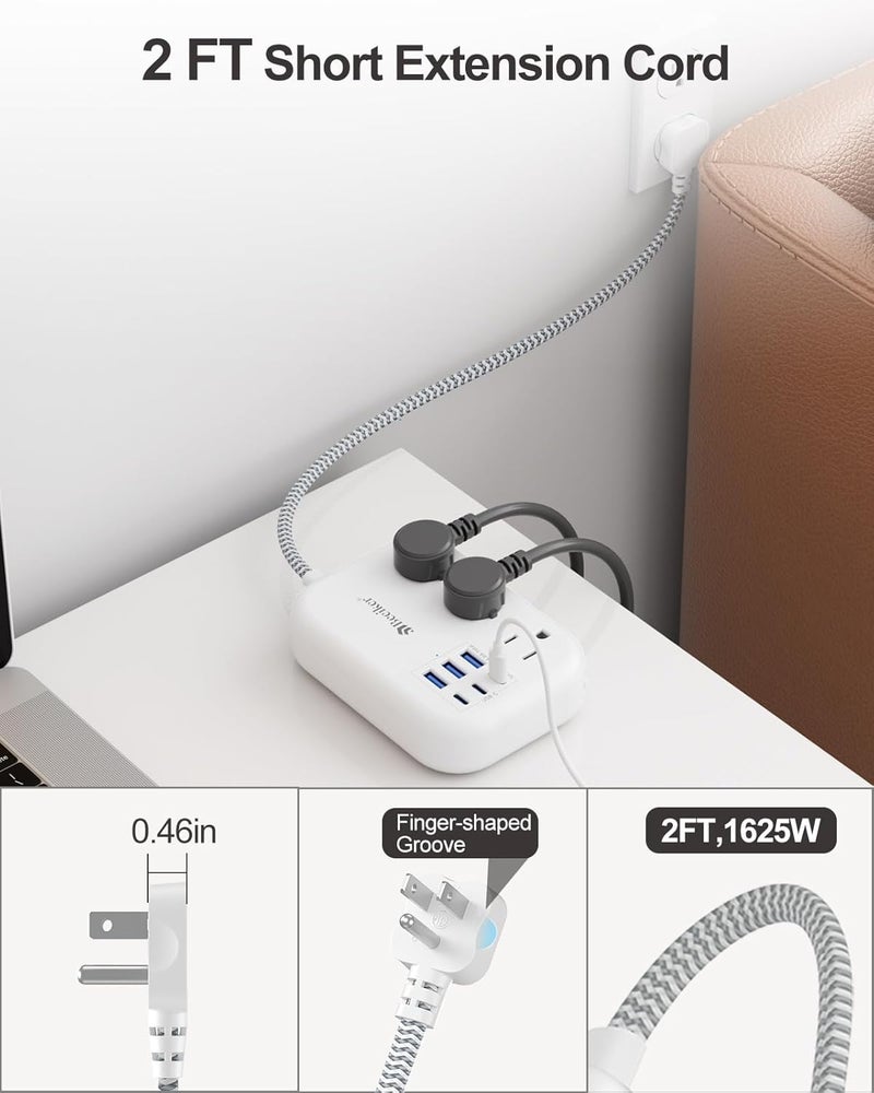 Beeiker Short Extension Cord 2 Foot- 6 USB(3 USB C) Travel Power Strip with 24W USB Charging Station and 3 Outlets, 2ft Small Flat Plug Extension Cord Surge Protector for Travel Home College Dorm 13A - Image 5